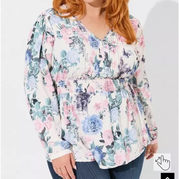 Torrid 1X | 14/16 Plus Size Babydoll Georgette Pintuck Long Sleeve Blouse Floral - Picture 15 of 15